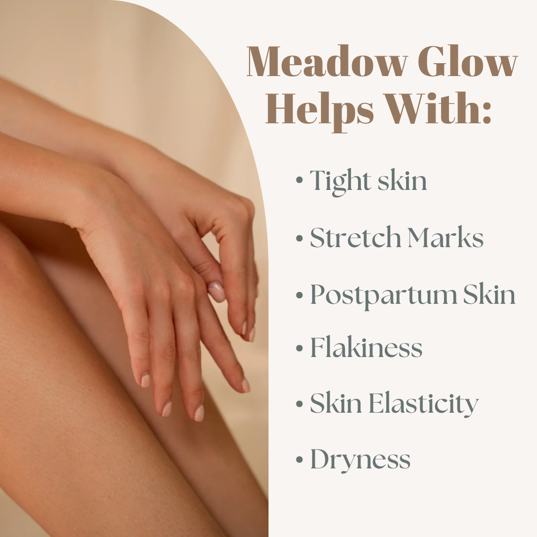 Meadow Glow skin care product with text and woman's hand and leg.