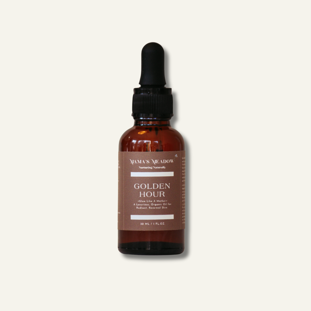 A bottle of 'Golden Hour - Facial Oil' with a dropper, labeled with the product name and description.